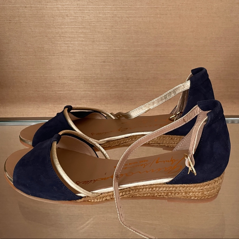 Anthropologie Navy Suede Wedge Sandals with Metallic Trim Gaimo 38 Spain